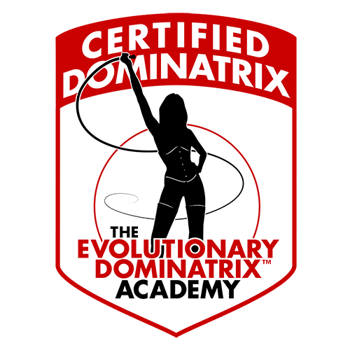 A seal showing Domina Flora is certified with the Evolutionary Dominatrix Academy